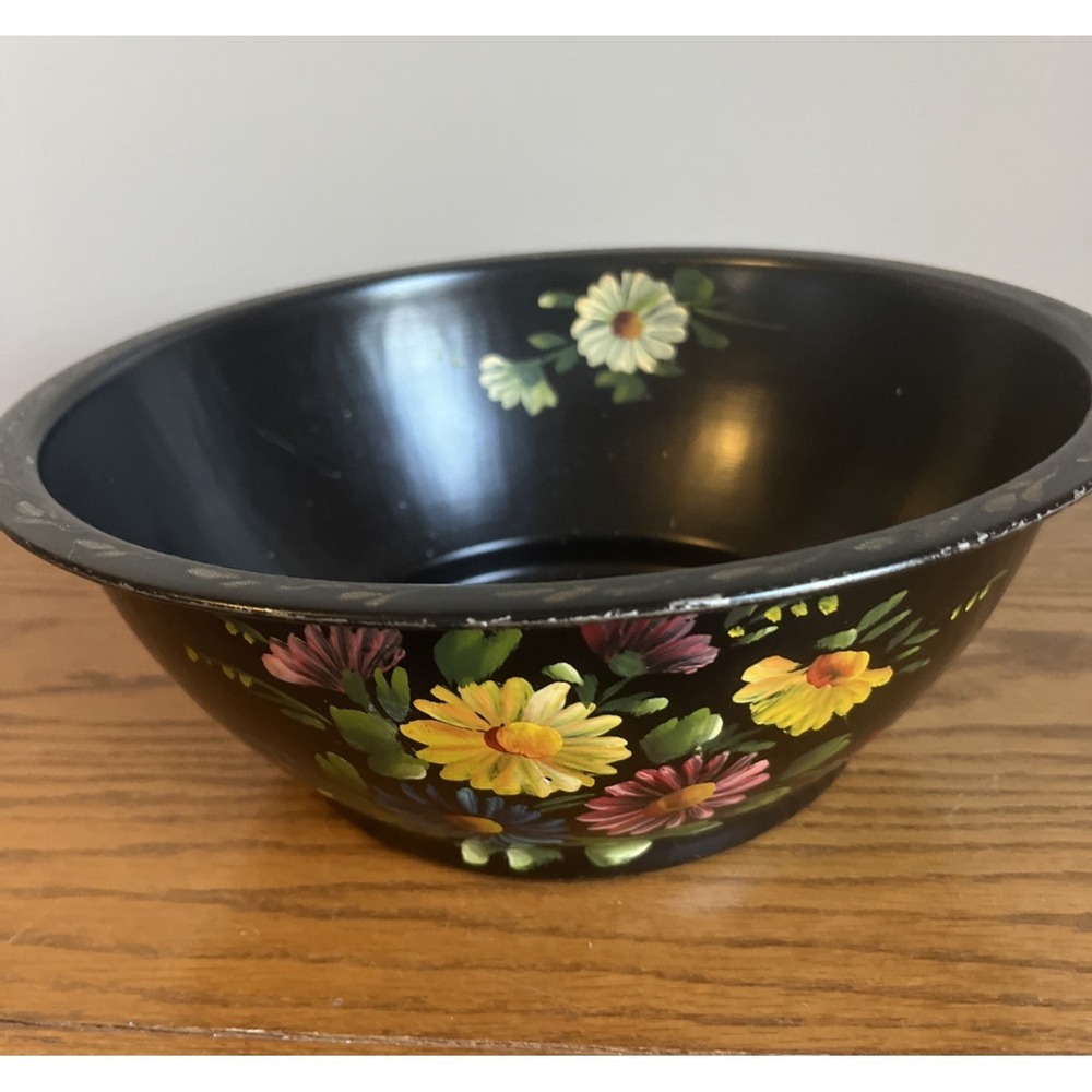 Vintage Nashco Hand Painted Tin Bowl 11 in. Black Floral READ - Picture 2 of 9